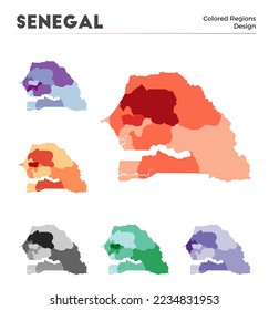 Senegal map collection. Borders of Senegal for your infographic. Colored country regions. Vector illustration.