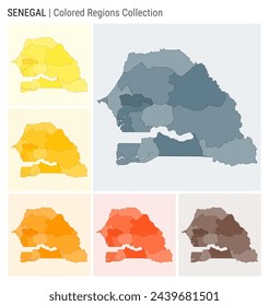 Senegal map collection. Country shape with colored regions. Blue Grey, Yellow, Amber, Orange, Deep Orange, Brown color palettes. Border of Senegal with provinces for your infographic.