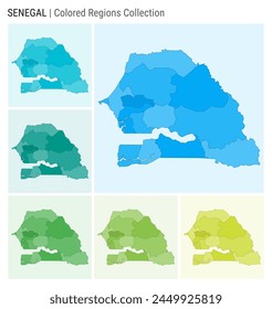 Senegal map collection. Country shape with colored regions. Light Blue, Cyan, Teal, Green, Light Green, Lime color palettes. Border of Senegal with provinces for your infographic. Vector illustration.