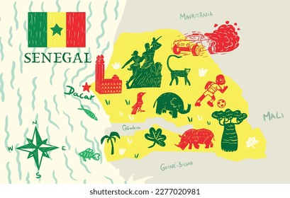 Senegal map. With different flora and fauna symbols, geographic names, letters. Vector illustration.