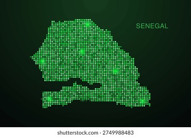 Senegal Map - Digital dotted map with glowing green points on dark background, modern technology style, abstract data network design, clean minimal geometric vector illustration.