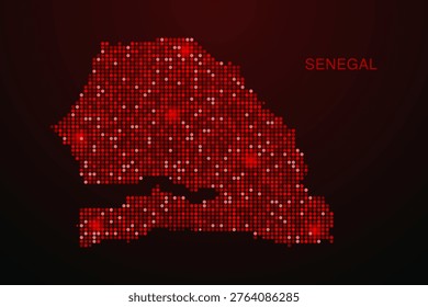 Senegal Map - Digital dotted map with glowing red points on dark background, modern technology style, abstract data network design, clean minimal vector illustration.