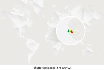 Senegal map with flag in contour on white polygonal World Map. Vector Illustration.