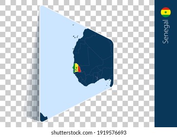 Mapa y bandera de Senegal sobre fondo transparente. Resaltó a Senegal en el mapa del vector azul.