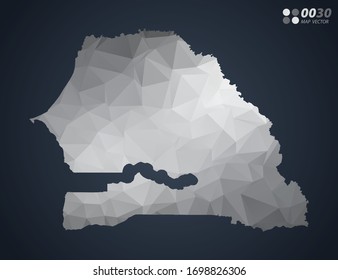 Senegal map grey polygon red triangle mosaic with dark background. style gradient vector.