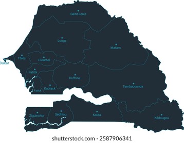 Senegal map high detailed with administrative divide by state, capital cities names, outline simplicity style. Vector illustration EPS10.