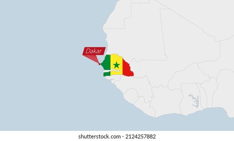 Mapa de Senegal resaltado en los colores de la bandera de Senegal y pin de la capital del país, Dakar, mapa con los países africanos vecinos.