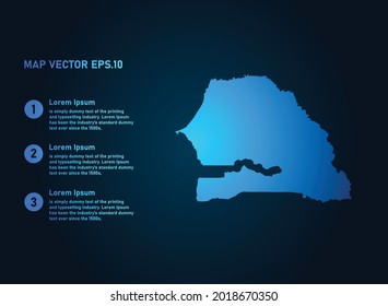 Senegal map, infographic style , on dark background with Map World. Wire frame 3D mesh , map 3D,
