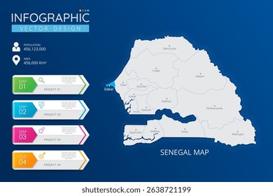 Senegal map with location pointer marks. High detailed country map with division, cities and capital infographic template. Vector illustration EPS10