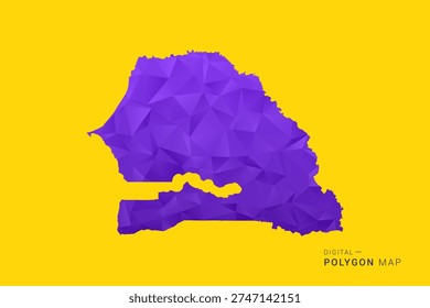Senegal Map - Low poly polygon map in vibrant purple gradient on bold yellow background, modern minimal geometric style, clean digital vector illustration.