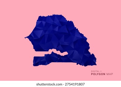 Senegal Map - Low poly polygon map in deep blue gradient on soft pink pastel background, modern minimal geometric design, clean digital vector illustration.