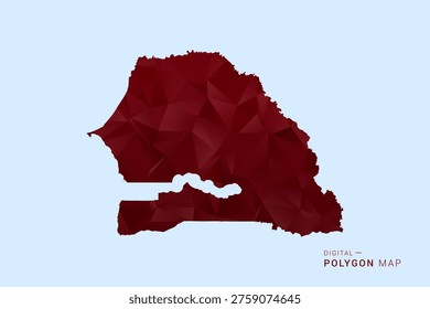 Senegal Map - Low poly polygon map in deep red gradient on light blue background, modern minimal geometric design, vector illustration with faceted triangulated style.