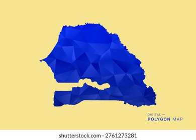 Senegal Map - Low poly polygon map in deep blue gradient on soft beige background, modern minimal geometric design, clean abstract vector illustration with faceted triangulated style.