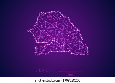 Senegal Map mash line and point scales on purple technology background. Wire Frame 3D mesh polygonal network line, design sphere, dot and structure -  Vector illustration eps 10