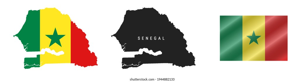 Senegal. Map with masked flag. Detailed silhouette. Waving flag. Vector illustration isolated on white.