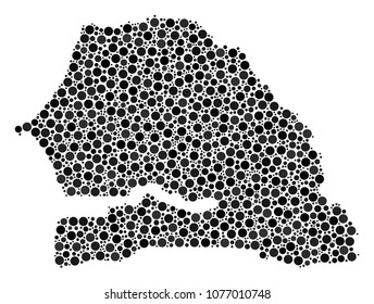 Senegal Map mosaic of small circles in variable sizes. Randomized round blots are composed into Senegal Map mosaic. Vector geographical map design concept.