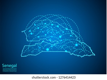 senegal map with nodes linked by lines. concept of global communication and business. Dark senegal map created from white dots with travel locations or internet connection.