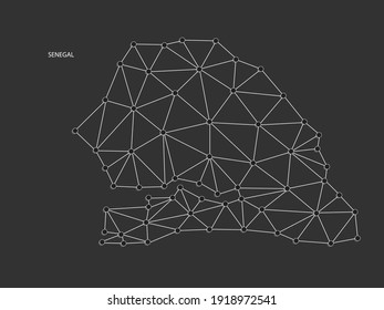 Senegal Map Point scales on black background. Wire frame polygonal network white line, dot and shadow dot.