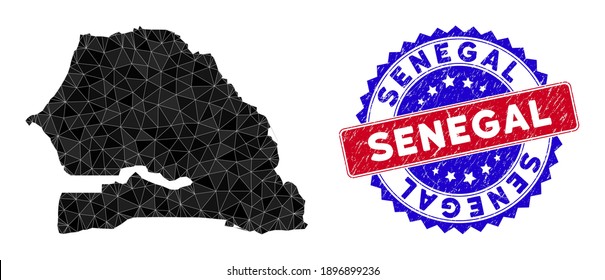 Senegal mapea la malla poligonal con triángulos llenos y la imitación de estampado bicolor. Mapa Senegal de mosaico triangular con modelo de vector de malla, triángulos con diferentes tamaños y posiciones,