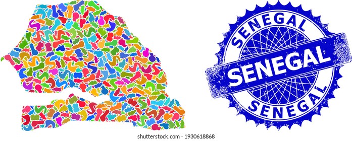Senegal map template. Splash collage and scratched stamp seal for Senegal map. Sharp rosette blue stamp seal with tag for Senegal map.