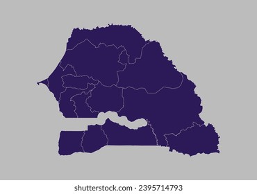 Vector de mapa de Senegal, color púrpura azul aislado en fondo gris.