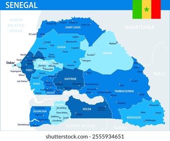 Senegal Map Vector Blue Spot - Customizable layered political map of Senegal with administrative divisions for website, education, reports, news, politics, print, poster and wallpaper