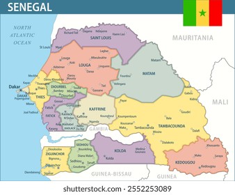 Novo mapa de Senegal 2024 Colorido - Personalizável mapa político em camadas do Senegal com divisões administrativas para site, educação, relatórios, notícias, política, impressão, cartaz e papel de parede