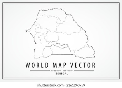Mapa de Senegal - Mapa Mundial Planilla vectorial internacional con alto detalle delgado línea negra y contorno estilo de esbozo gráfico aislado en fondo blanco - Ilustraciones vectoriales 10