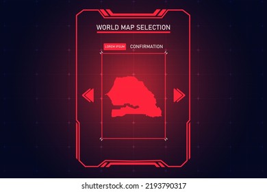 Mapa de Senegal - Mapa de mundo Planilla vectorial Internacional con Color Rojo en el estilo de perspectiva y HUD, GUI, interfaz de interfaz de usuario aislada en el fondo negro para el diseño - Ilustración vectorial eps 10