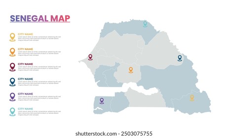 Senegal Modern Map Infographic Template, Detailed infographic map of Senegal Popular City