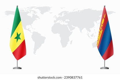 Senegal and Mongolia flags for official meeting against background of world map.