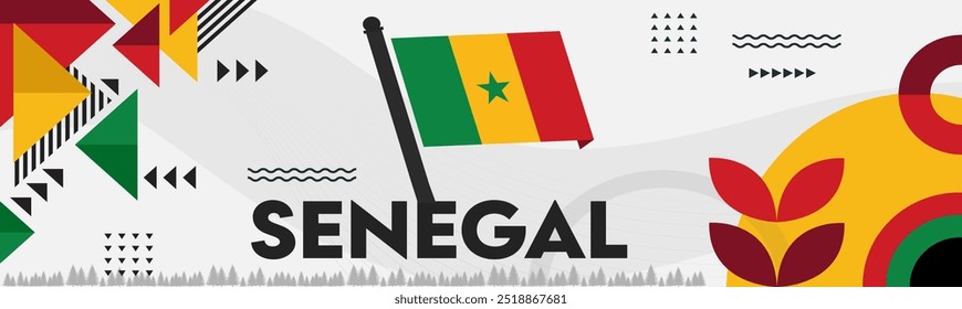 Senegal national day banner with map and flag, background with geometric abstract retro modern 
 design. Senegalese flag Africa Vector Illustration.