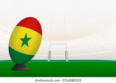 La selección nacional de Senegal de rugby en el estadio de rugby y en los puestos de gol, preparándose para un penal o patada libre. Ilustración vectorial.