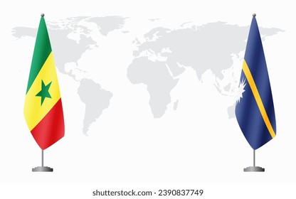 Senegal and Nauru flags for official meeting against background of world map.