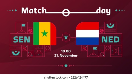 partido senegal netherlands Football 2022. Partido del Campeonato Mundial de Fútbol 2022 frente a equipos con antecedentes deportivos, afiche de la competencia del campeonato, ilustración del vector.