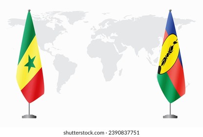 Senegal and New Caledonia flags for official meeting against background of world map.