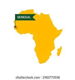 Senegal en un mapa de África con la palabra Senegal en un marcador con forma de bandera.