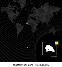 Senegal on black World Map. Map and flag of Senegal.