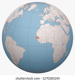 Senegal on the globe. Earth hemisphere centered at the location of the Republic of Senegal. Senegal map.