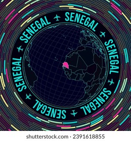 Senegal on globe. Satelite view of the world centered to Senegal. Bright neon style. Futuristic radial bricks background. Authentic vector illustration.