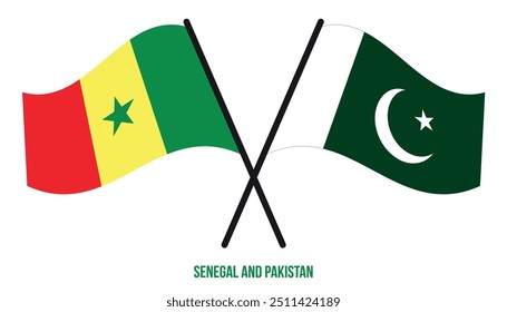 Senegal and Pakistan Flags Crossed And Waving Flat Style. Official Proportion. Correct Colors.