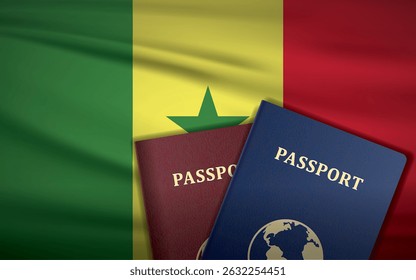 Passaportes do Senegal com fundo de bandeira do Senegal	