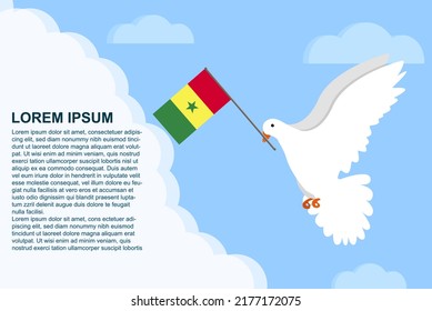Senegal peace concept with text area, Dove of Peace bird with Senegal flag in its beak, dove flying in the clouds, vector illustration design, Senegal peace day template, freedom idea