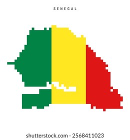 Senegal pixel flag map icon. 8 bit pixel art Senegalese map covered with flag. Flat vector illustration isolated on white background.