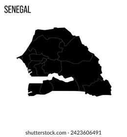 Senegal political map of administrative divisions - regions. Blank black map and country name title.
