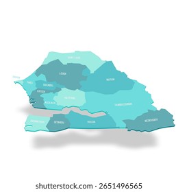 Mapa político de divisões administrativas do Senegal - regiões. Mapa de vetor turquesa 3D com rótulos de nome.