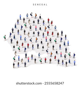 Senegal population map. Large group of realistic a diverse crowd of people figures in a shape of Senegalese map. Flat vector illustration isolated on white.