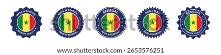 Senegal product label set. Senegal flag, premium made in Senegal. Labels, seals, stamps, flags, icons
