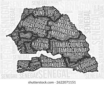 Senegal regions map word cloud. Senegal region names. Black and white map design. Trending vector illustration.