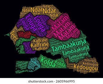 Senegal Regions Word Clouds. Bright neon style design on a dark background. Region names of the country in the French language. Country shape with administrative division. Awesome vector illustration.